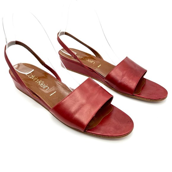 Vintage Shoes - Vintage Y2k 90s Super Model Soft Leather Calvin Klein Red Sandal Wedge Heel 9.5